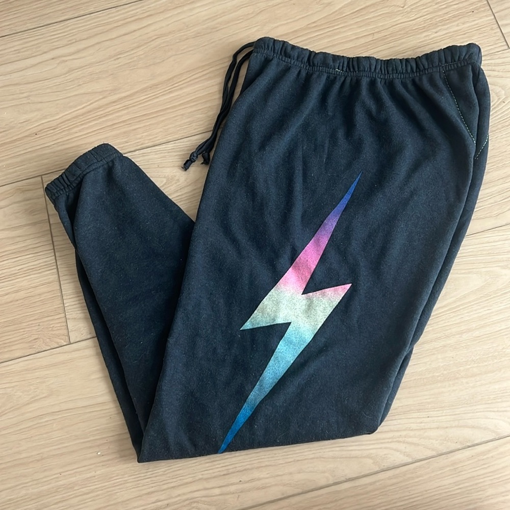 Aviator Nation Rainbow Bolt Sweatpants-Charcoal-Size XS